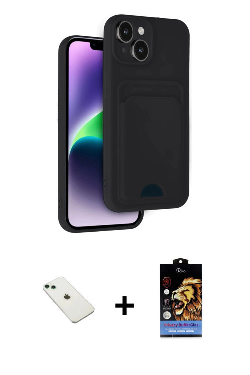 ieg™ iPhone 14 Kılıf Vadi Çizgi Prime - Siyah Buffer Hayalet Cam Ekran Koruyucu + Yeşil Diamond Kame