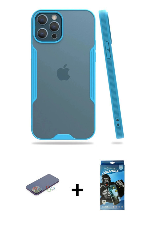 ieg™ iPhone 12 Pro Max Kılıf Atlas Asil Serisi - Siyah 34D Izgaralı Cam + Mavi Renkli Kamera Lens Ko