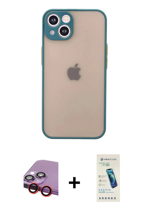 ieg™ iPhone 14 Kılıf Ahenk Çizgi Serisi - Şeffaf Pasifik Cam Ekran Koruyucu + Kırmızı Raze Metal Kam