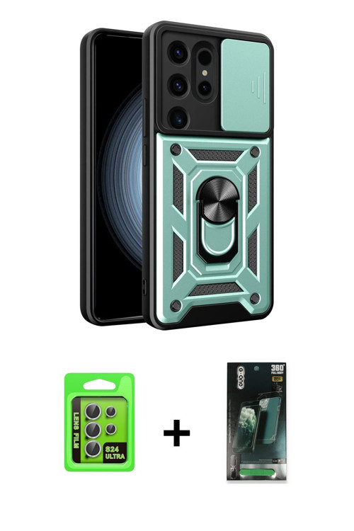 ieg™ Galaxy S24 Ultra Kılıf Ahenk Klasik - Şeffaf 360 Full Body Arka Koruyucu + Gümüş Raze Metal Kam