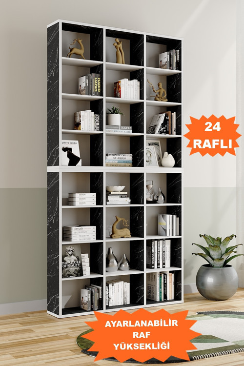 AE-1079 İmre Siyah Mermer 24 Raflı Kitaplık Kütüphane Ayarlanabilir Raf Geniş Çocuk Odası