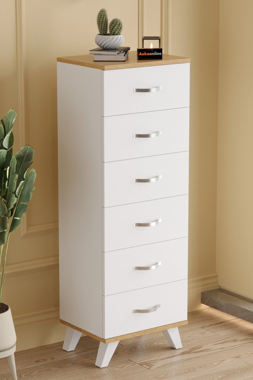 AE-3038 Belinda 6 Çekmeceli Beyaz Çam Şifonyer Komodin 132*45*36 cm