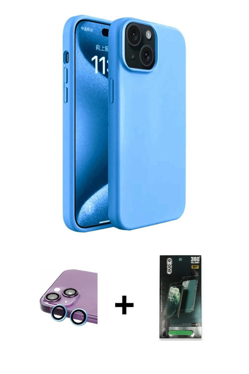 ieg™ iPhone 15 Kılıf Kozmos Yansıma Özel Seri - Şeffaf 360 Full Body Arka Koruyucu + Mavi Raze Metal