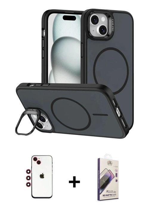 ieg™ iPhone 14 Kılıf Çekirdek Klasik - Siyah Bilvis 3D Mat Cam Ekran Koruyucu + Kırmızı Shine Kamera