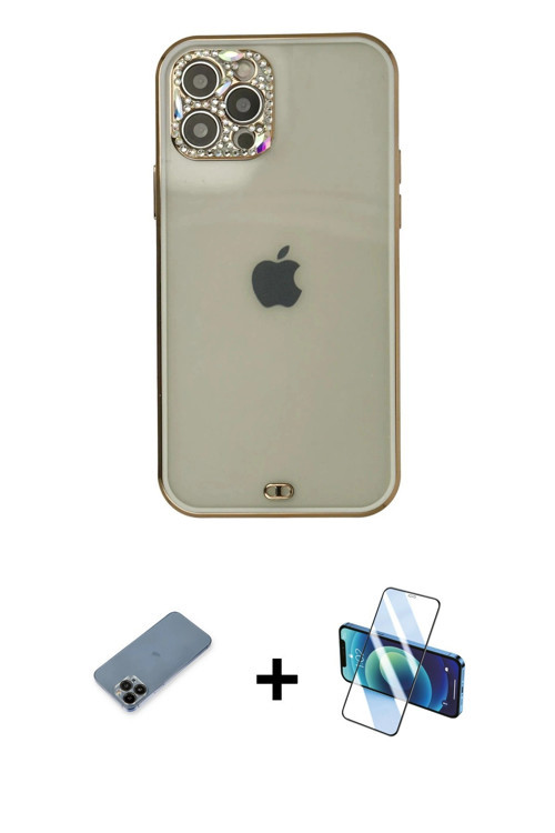 ieg™ iPhone 12 Pro Max Kılıf Eksen Minimal Koleksiyonu - Siyah 3D Antistatik Cam Ekran Koruyucu + Si