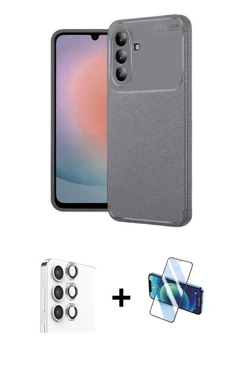 ieg™ Galaxy S24 FE Kılıf Eksen Form Prime - Siyah 3D Antistatik Cam Ekran Koruyucu + Gri Raze Metal
