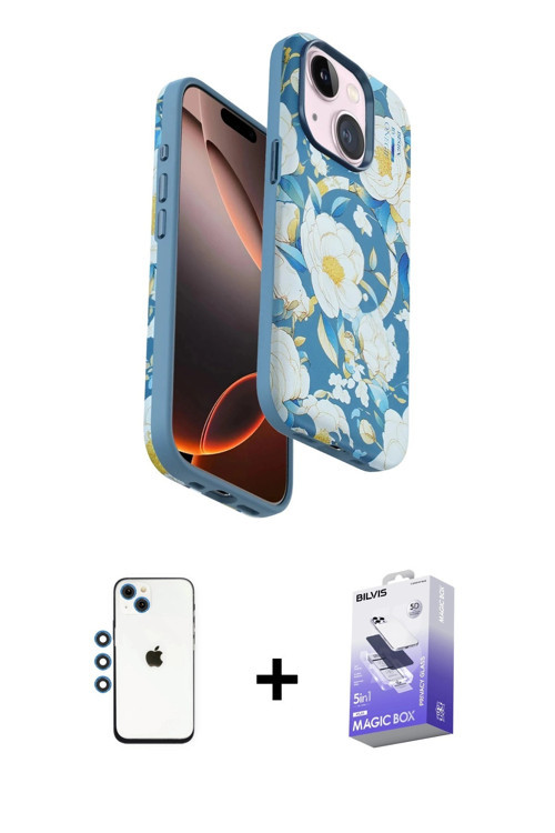 ieg™ iPhone 14 Kılıf Siluet Doku - Siyah Bilvis 5in1 5D Magic Hayalet Cam Ekran Koruyucu + Mavi Shin