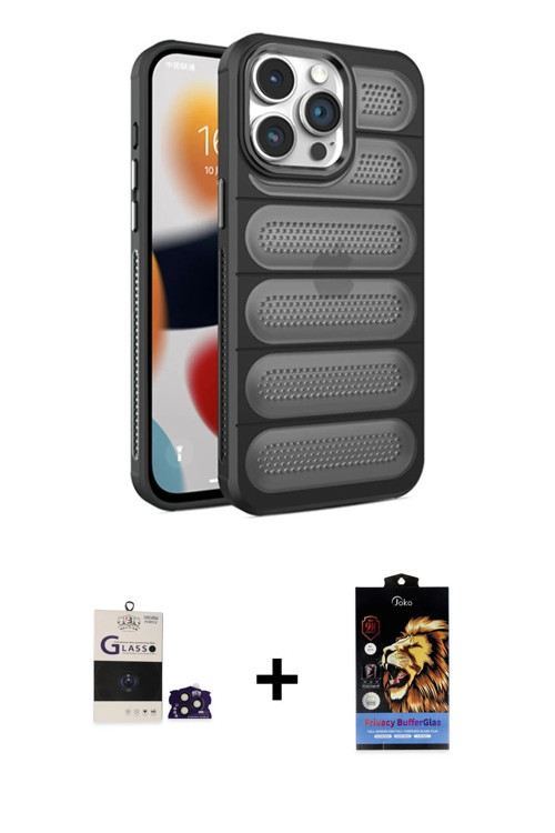 ieg™ iPhone 14 Pro Max Kılıf Yadigar Doku Özel Seri - Siyah Buffer Hayalet Cam Ekran Koruyucu + Deri