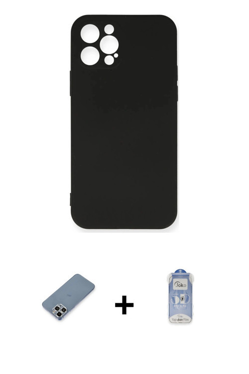 ieg™ iPhone 12 Pro Max Kılıf Ahenk Serisi - Siyah Joko Magic 5D Cam + Gümüş Metal Kamera Lens Koruma