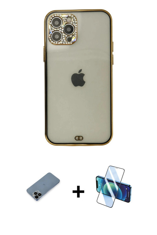 ieg™ iPhone 12 Pro Max Kılıf Eksen Minimal Koleksiyonu - Siyah 3D Antistatik Cam Ekran Koruyucu + Si