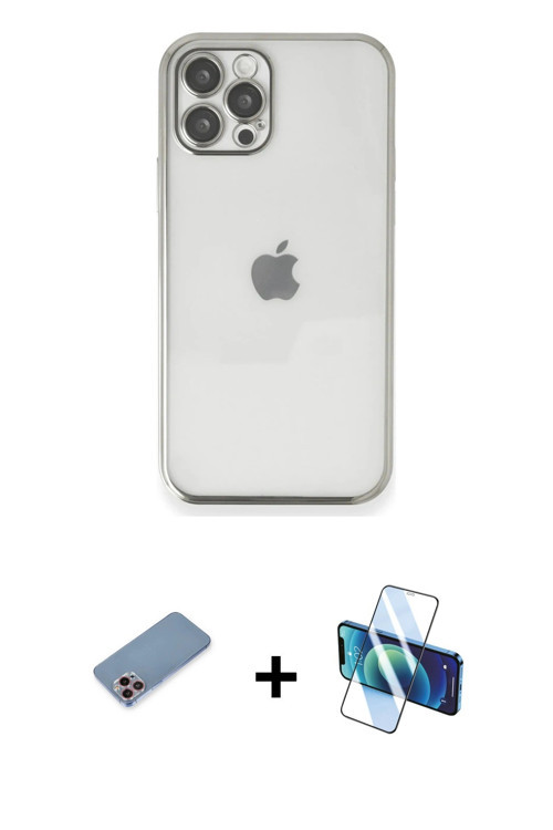 ieg™ iPhone 12 Pro Max Kılıf Vadi Minimal - Siyah 3D Antistatik Cam Ekran Koruyucu + Pembe Shine Kam