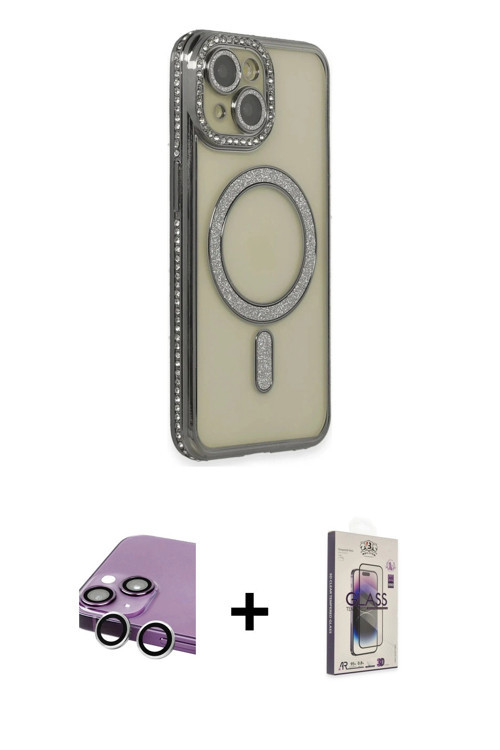 ieg™ iPhone 14 Kılıf Zirve Doku Prime - Siyah Bilvis 3D Cam Ekran Koruyucu + Gümüş Raze Metal Kamera