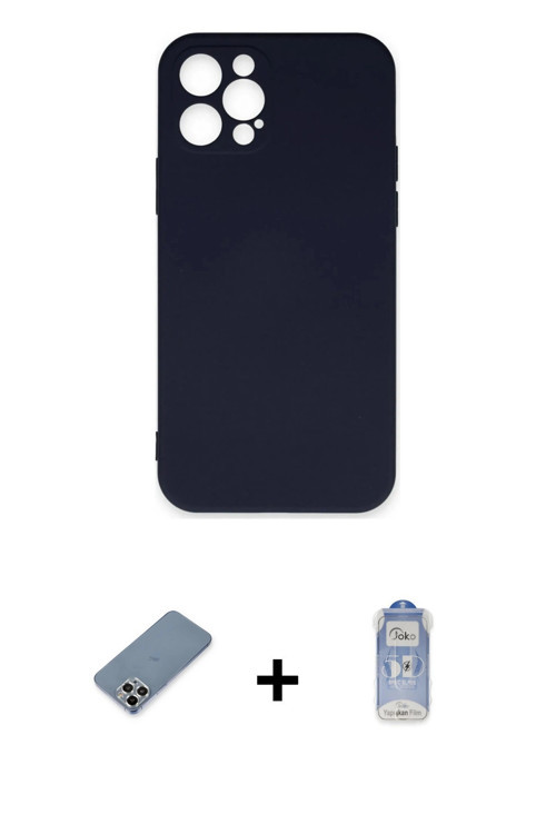 ieg™ iPhone 12 Pro Max Kılıf Ahenk Serisi - Siyah Joko Magic 5D Cam + Gümüş Metal Kamera Lens Koruma