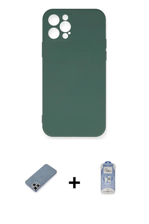 ieg™ iPhone 12 Pro Max Kılıf Ahenk Serisi - Siyah Joko Magic 5D Cam + Gümüş Metal Kamera Lens Koruma