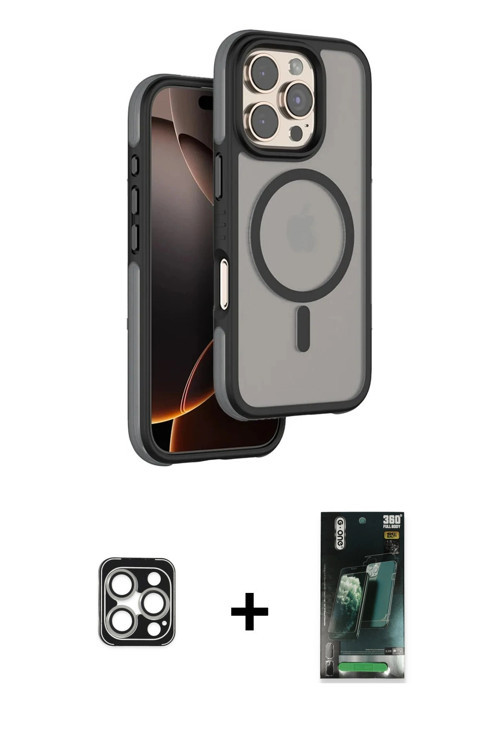 ieg™ iPhone 16 Pro Max Kılıf Çekirdek Minimal Prime - Siyah 360 Mat Full Body Arka Koruyucu + Gümüş