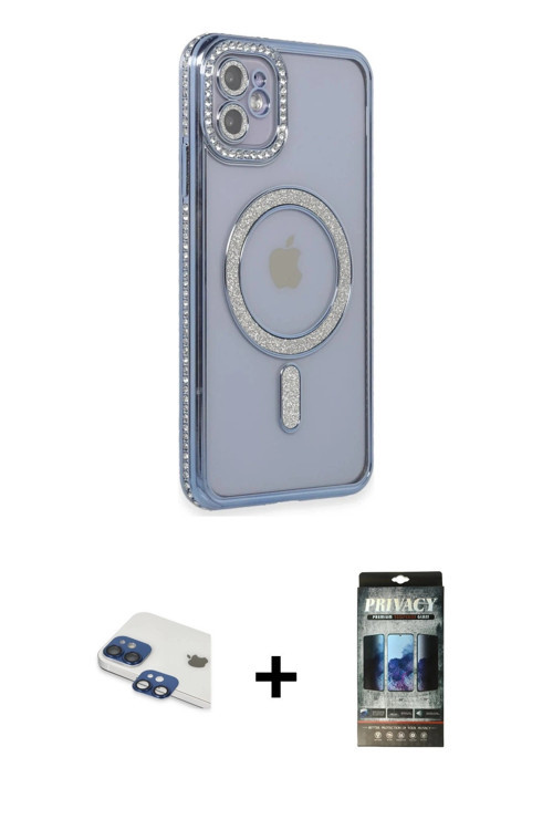 ieg™ iPhone 11 Kılıf Zirve Doku Prime - Siyah 34D Hayalet Izgaralı Cam + Lacivert Pers Alüminyum Kam