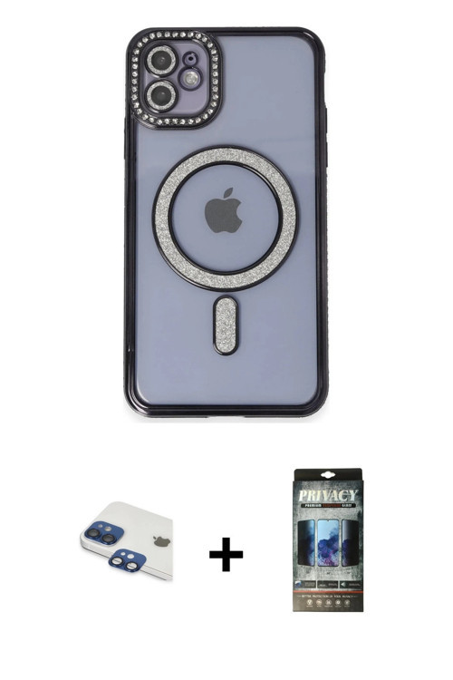 ieg™ iPhone 11 Kılıf Zirve Doku Prime - Siyah 34D Hayalet Izgaralı Cam + Lacivert Pers Alüminyum Kam