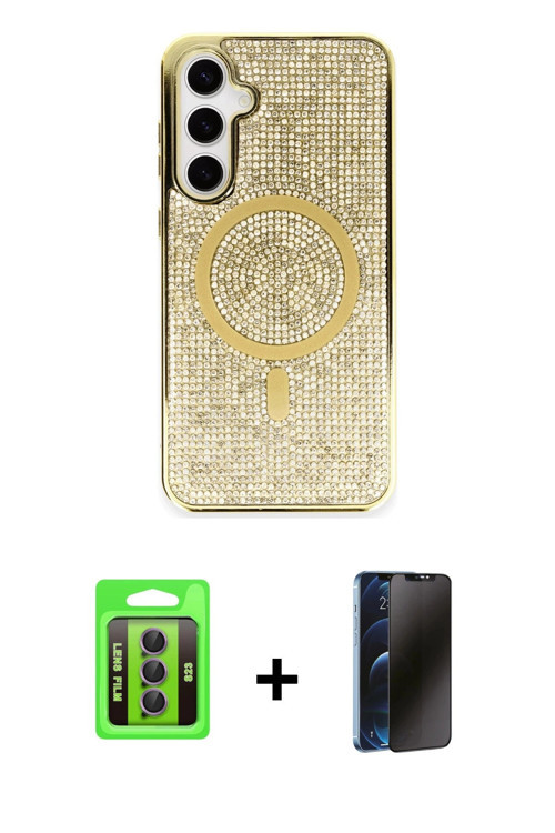 ieg™ Galaxy S23 Kılıf Eksen Çizgi - Siyah 3D Antistatik Hayalet Cam Ekran Koruyucu + Mor Raze Metal