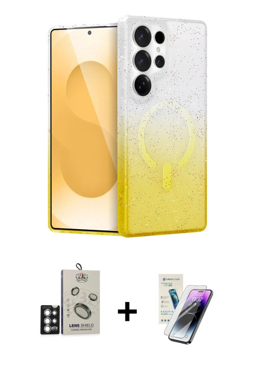 ieg™ Galaxy S25 Ultra Kılıf Eksen Minimal Özel Seri - Şeffaf Pasifik Cam Ekran Koruyucu + Gümüş Bilv