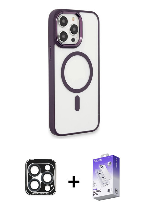 ieg™ iPhone 15 Pro Max Kılıf Yankı Işık Özel Seri - Siyah Bilvis 5in1 3D Magic Cam Ekran Koruyucu +
