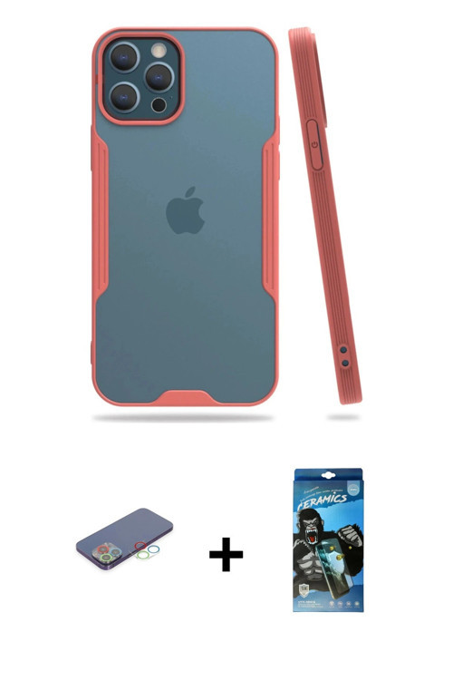 ieg™ iPhone 12 Pro Max Kılıf Atlas Asil Serisi - Siyah 34D Izgaralı Cam + Mavi Renkli Kamera Lens Ko