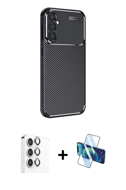 ieg™ Galaxy S24 FE Kılıf Eksen Form Prime - Siyah 3D Antistatik Cam Ekran Koruyucu + Gri Raze Metal