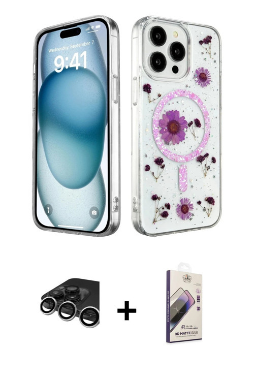 ieg™ iPhone 15 Pro Max Kılıf Kozmos Doku - Siyah Bilvis 3D Mat Cam Ekran Koruyucu + Gümüş Raze Metal