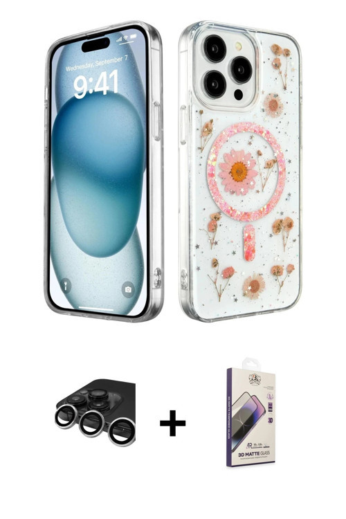 ieg™ iPhone 15 Pro Max Kılıf Kozmos Doku - Siyah Bilvis 3D Mat Cam Ekran Koruyucu + Gümüş Raze Metal
