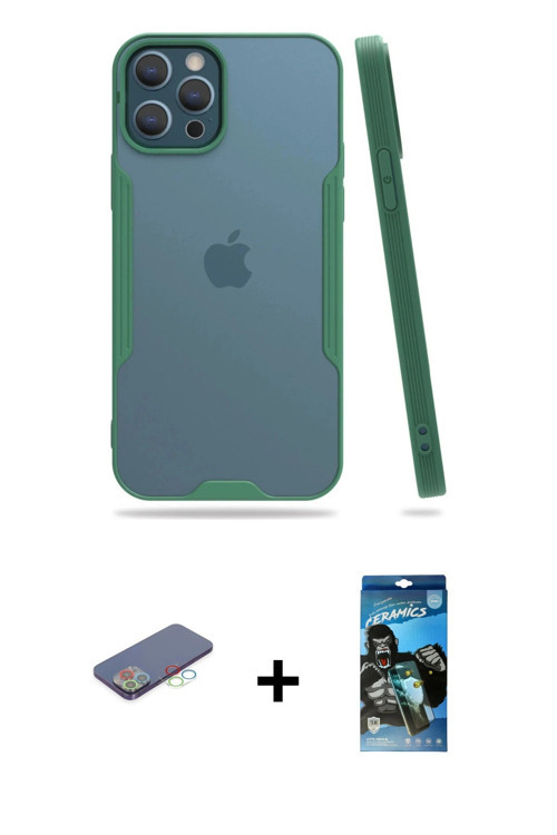 ieg™ iPhone 12 Pro Max Kılıf Atlas Asil Serisi - Siyah 34D Izgaralı Cam + Mavi Renkli Kamera Lens Ko