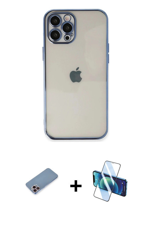 ieg™ iPhone 12 Pro Max Kılıf Vadi Minimal - Siyah 3D Antistatik Cam Ekran Koruyucu + Pembe Shine Kam