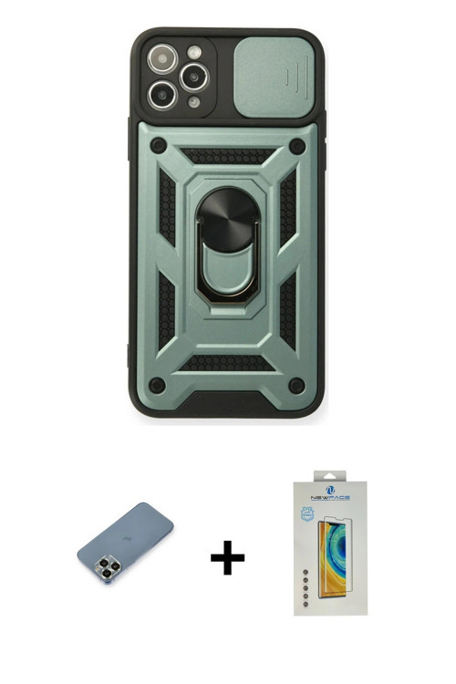 ieg™ iPhone 11 Pro Max Kılıf Ahenk Klasik - Siyah Polymer Nano Ekran Koruyucu + Açık Yeşil Metal Kam