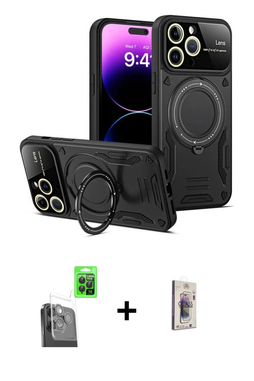 ieg™ iPhone 16 Pro Max Kılıf Kıvılcım Modern Serisi - Siyah Bilvis 3D Cam Ekran Koruyucu + Siyah Raz