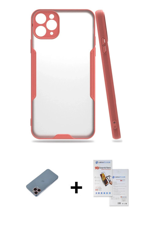 ieg™ iPhone 11 Pro Max Kılıf Atlas Asil Serisi - Siyah Seramik Nano Ekran Koruyucu + Pembe Shine Kam