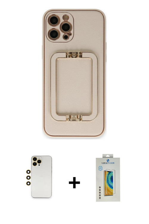ieg™ iPhone 12 Pro Kılıf Kozmos Minimal Prime - Siyah Polymer Nano Ekran Koruyucu + Gold Shine Kamer