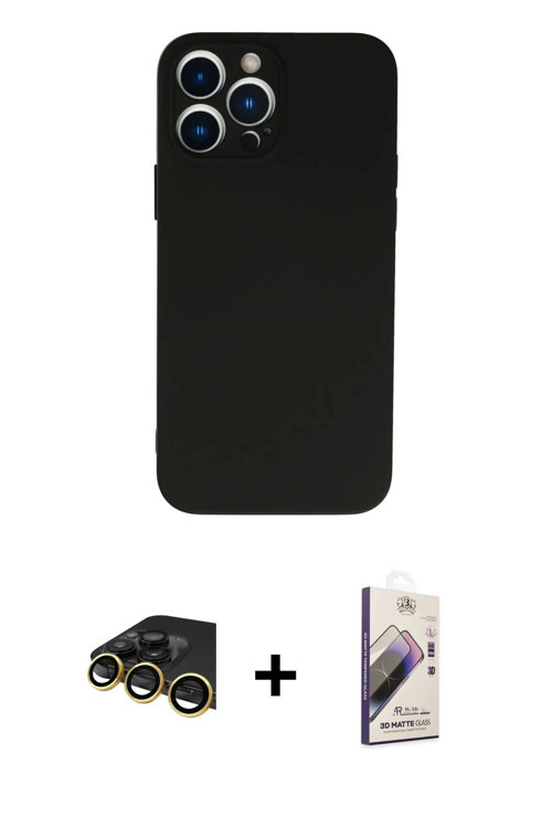 ieg™ iPhone 13 Pro Max Kılıf Ahenk Serisi - Siyah Bilvis 3D Mat Cam Ekran Koruyucu + Gold Raze Metal
