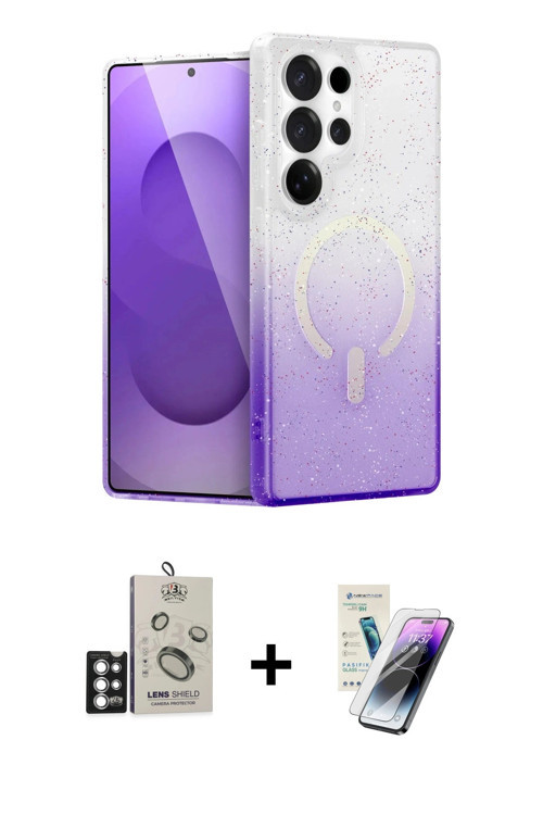 ieg™ Galaxy S25 Ultra Kılıf Eksen Minimal Özel Seri - Şeffaf Pasifik Cam Ekran Koruyucu + Gümüş Bilv