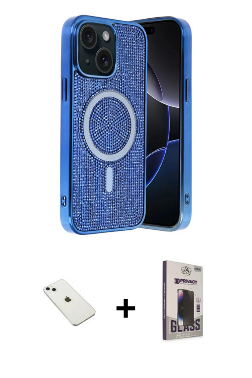ieg™ iPhone 14 Kılıf Eksen Çizgi - Siyah Bilvis Hayalet Cam Ekran Koruyucu + Sierra Blue Diamond Kam