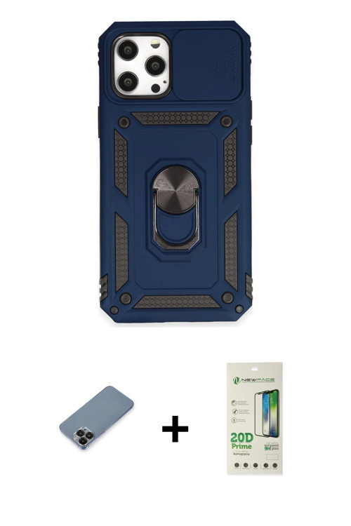 ieg™ iPhone 12 Pro Max Kılıf Ahenk Klasik - Siyah 20D Premium Cam Ekran Koruyucu + Siyah Metal Kamer