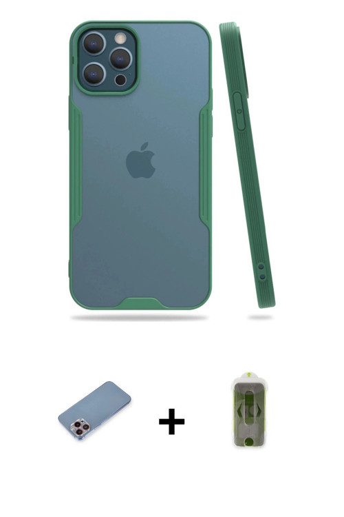 ieg™ iPhone 12 Pro Max Kılıf Atlas Asil Serisi - Siyah Joko Magic 5D Hayalet Cam + Pembe Shine Kamer
