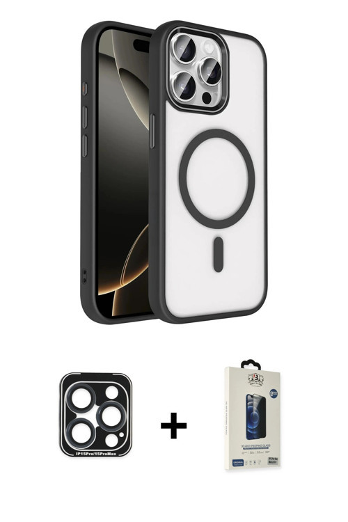 ieg™ iPhone 15 Pro Max Kılıf Kıvılcım Prime - Siyah Bilvis Hayalet Cam Ekran Koruyucu + Lacivert PVD