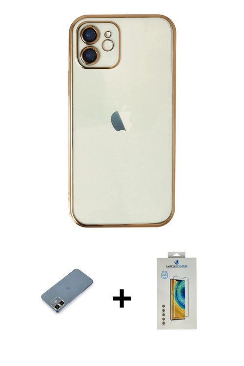 ieg™ iPhone 12 Kılıf Vadi Minimal - Siyah Polymer Nano Ekran Koruyucu + Gold Metal Kamera Lens Korum
