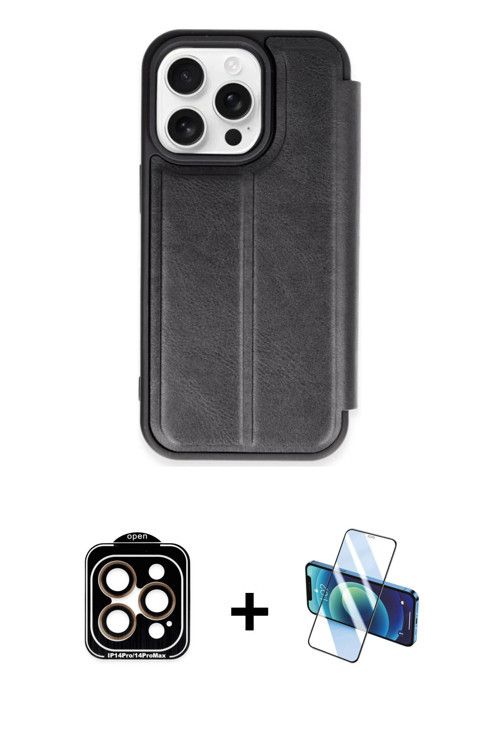 ieg™ iPhone 15 Pro Max Kılıf Zirve Yansıma Serisi - Siyah 3D Antistatik Cam Ekran Koruyucu + Turuncu