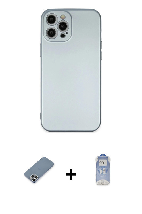 ieg™ iPhone 12 Pro Max Kılıf Ahenk Serisi - Siyah Joko Magic 5D Cam + Gümüş Metal Kamera Lens Koruma