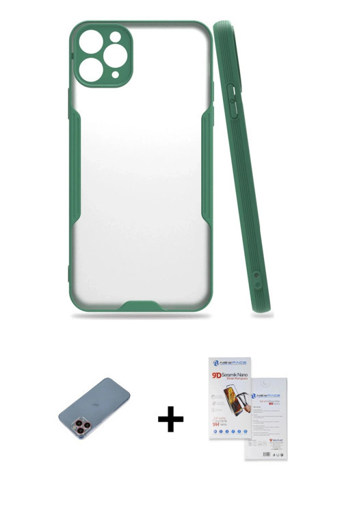 ieg™ iPhone 11 Pro Max Kılıf Atlas Asil Serisi - Siyah Seramik Nano Ekran Koruyucu + Pembe Shine Kam