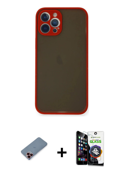 ieg™ iPhone 12 Pro Max Kılıf Ahenk Çizgi Serisi - Şeffaf Temperli Cam Ekran Koruyucu + Kırmızı Metal