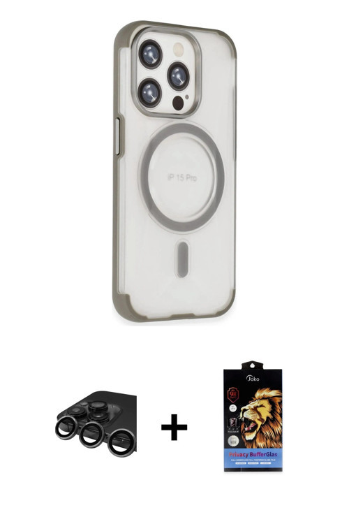 ieg™ iPhone 15 Pro Kılıf Eksen Klasik Koleksiyonu - Siyah Buffer Hayalet Cam Ekran Koruyucu + Titany