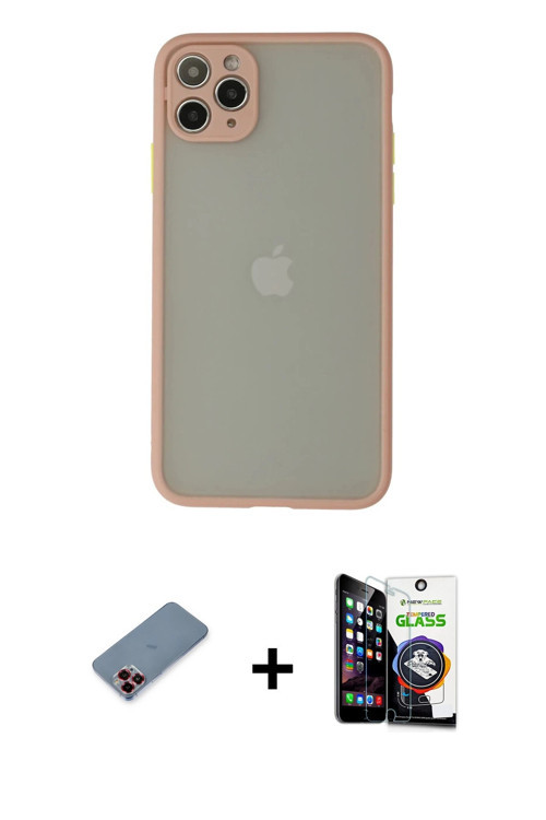 ieg™ iPhone 12 Pro Max Kılıf Ahenk Çizgi Serisi - Şeffaf Temperli Cam Ekran Koruyucu + Kırmızı Metal