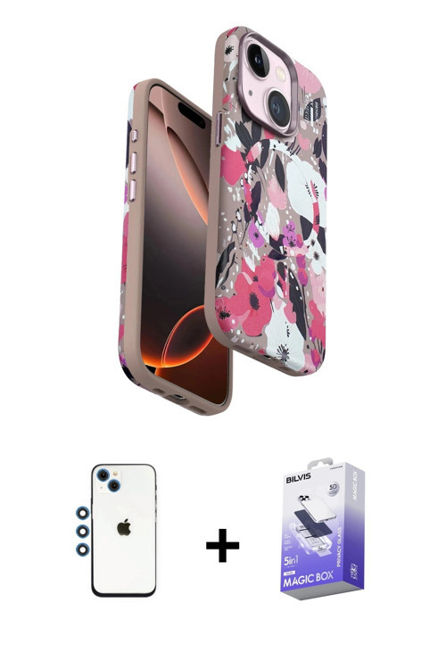 ieg™ iPhone 14 Kılıf Siluet Doku - Siyah Bilvis 5in1 5D Magic Hayalet Cam Ekran Koruyucu + Mavi Shin