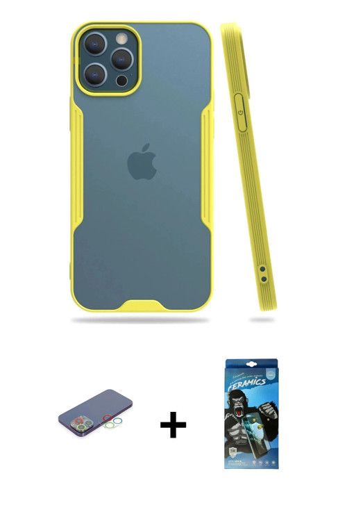 ieg™ iPhone 12 Pro Max Kılıf Atlas Asil Serisi - Siyah 34D Izgaralı Cam + Mavi Renkli Kamera Lens Ko