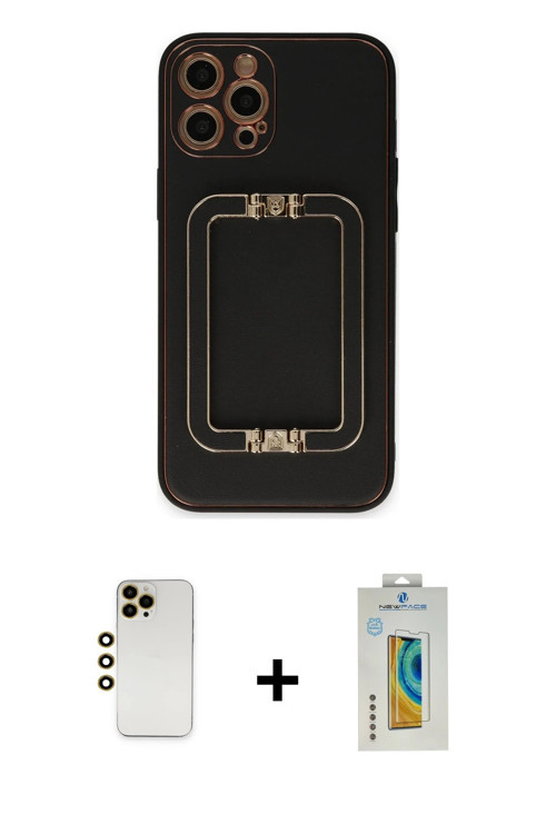 ieg™ iPhone 12 Pro Kılıf Kozmos Minimal Prime - Siyah Polymer Nano Ekran Koruyucu + Gold Shine Kamer